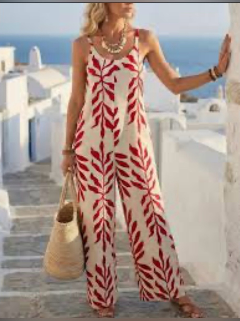 Sleeveless Wide-Leg Jumpsuit in Red Leaf Print